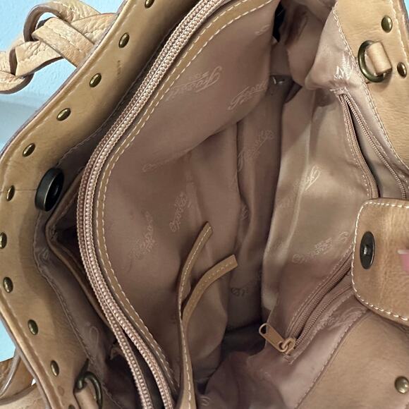 Fossil Tan Leather Shoulder Bag Satchel Studded Braided Handles w/ Key Charm - Picture 7 of 11